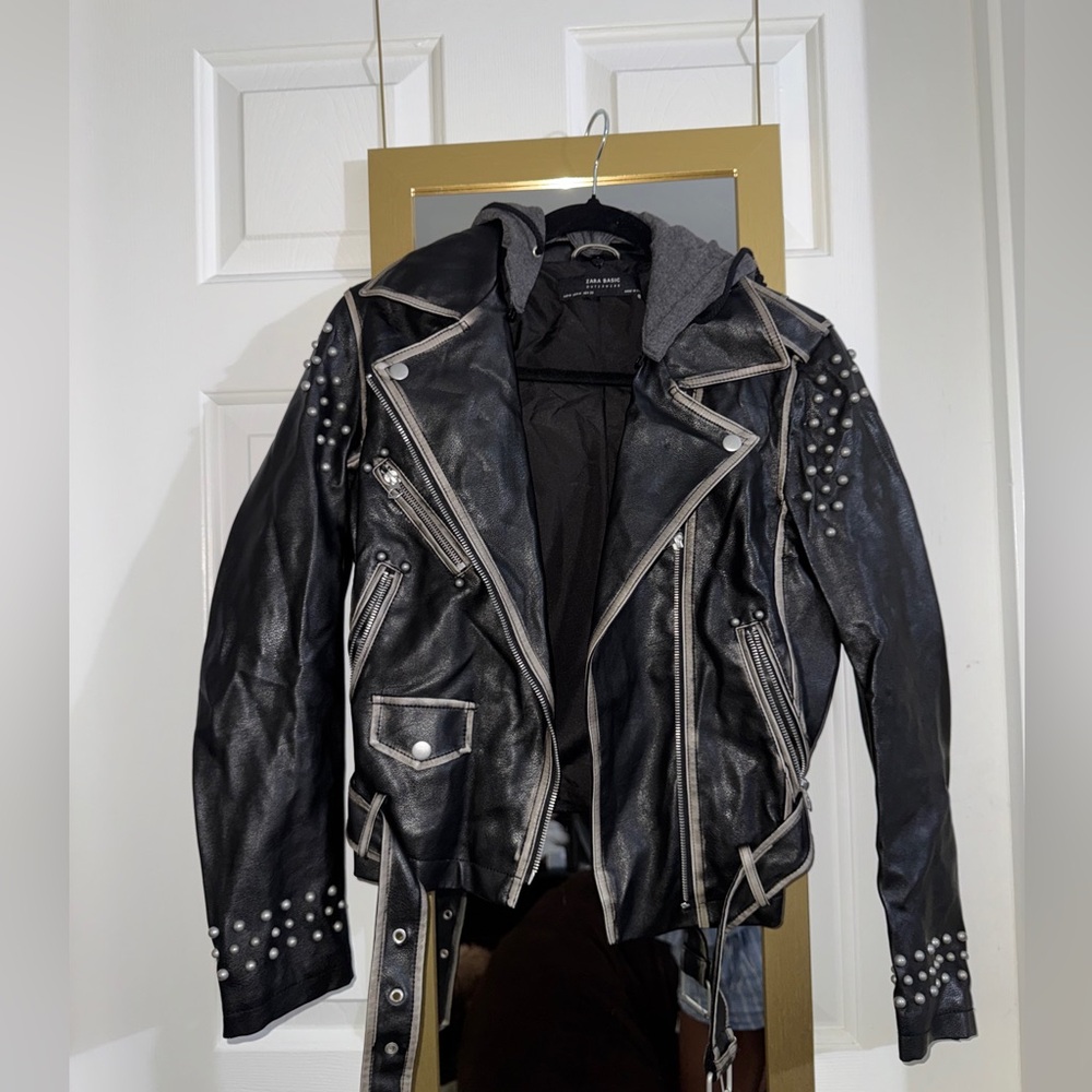 Zara Black Studded Faux Leather Jacket Sz Medium